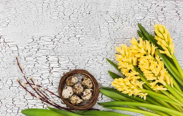 Flowers, bouquet, yellow, yellow, flowers, eggs, easter, hyacinths