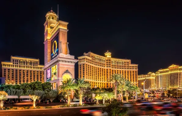 Lights, palm trees, street, Las Vegas, USA, casino, Las Vegas