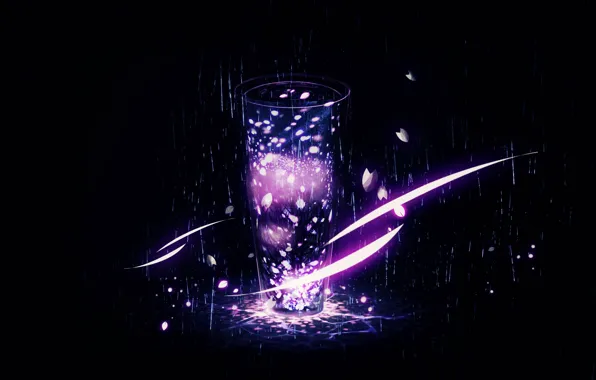 Rain, tree, petals, Y_Y, glass vessel