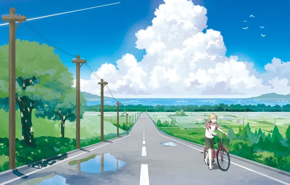 Road, the sky, clouds, nature, bike, wire, anime, art