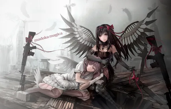 Picture weapons, girls, wings, anime, feathers, art, bow, mahou shoujo madoka magica