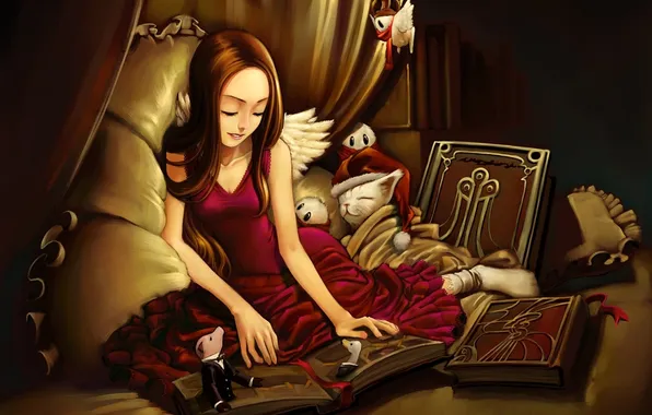 Picture animals, cat, girl, bed, wings, pillow, art, sleeping