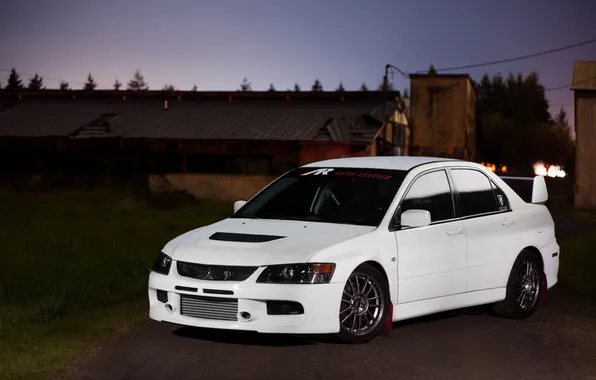 Picture white, white, twilight, front view, mitsubishi, Lancer, evolution, Mitsubishi