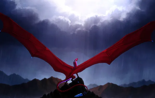 Picture the sky, fiction, rain, wings, art, tail, red dragon
