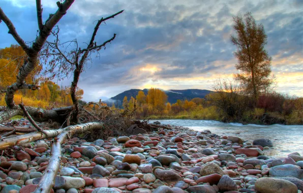 Picture autumn, the sky, clouds, trees, mountains, river, stones