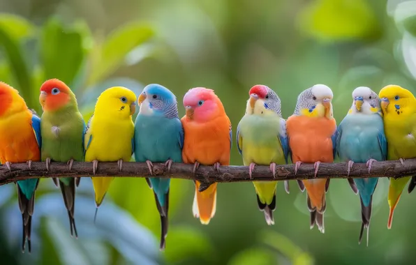 Birds, bright, branch, parrot, parrots, company, colorful, a lot