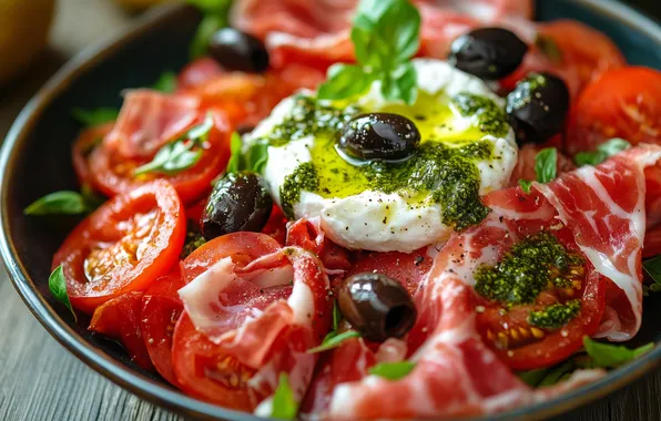 Greens, plate, tomatoes, sauce, salad, olives, AI art, neural network