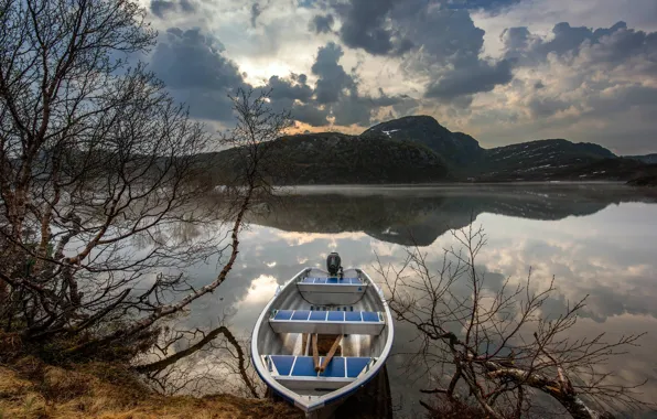 Picture clouds, mountains, branches, lake, reflection, shore, boat, pond