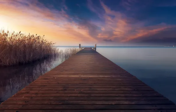 Picture sea, sunset, bridge, shore