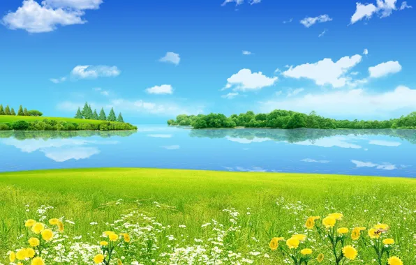 The sky, grass, trees, landscape, flowers, river