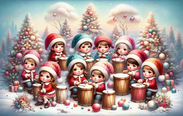 Winter, forest, clouds, balls, snow, children, music, glade