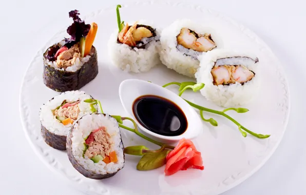 Meat, sauce, rolls, shrimp, seafood