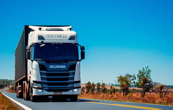 Sky, Street, Truck, Scania, Trailer, R500, Trees, Desert