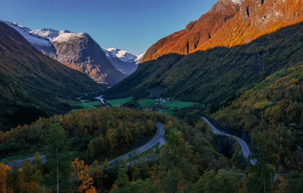Road, field, forest, the sky, the sun, trees, mountains, rocks