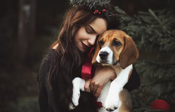 Look, girl, pose, smile, portrait, dog, face, wreath