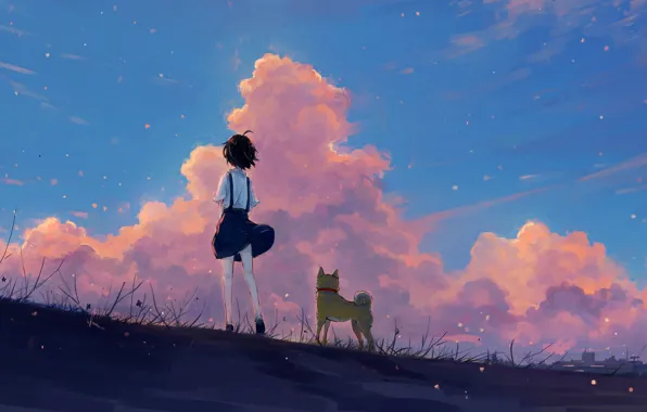 Picture the sky, girl, sunset, nature, dog, Axle