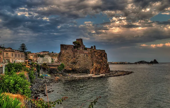 Rock, castle, coast, Italy, promenade, Italy, The Mediterranean sea, Sicily