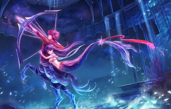 Picture water, girl, stars, night, weapons, mermaid, anime, bow