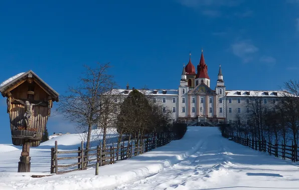 Picture winter, snow, house, tower, the dome, the monastery, sanctuary