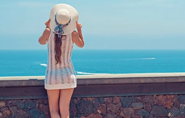Picture girl, wall, summer, sky, hat, beach girl, beautiful beach