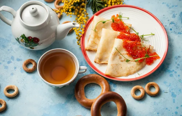 Bagels, Caviar, Pancakes, Tea, Mimosa