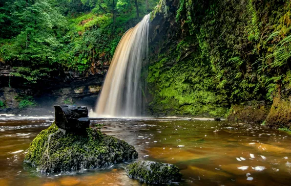 Forest, stone, waterfall, Wales, The Brecon Beacons