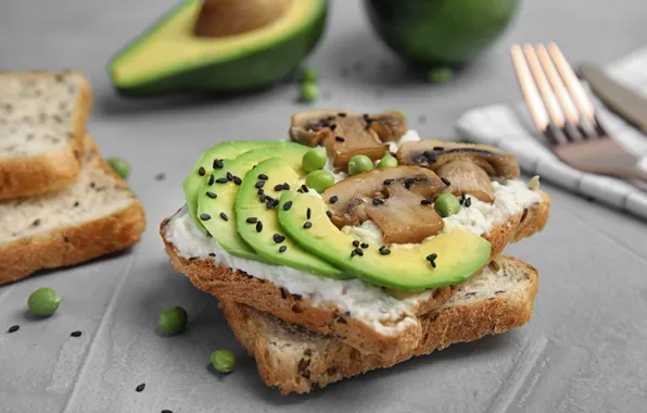 Mushrooms, polka dot, bread, sandwich, avocado, Chia