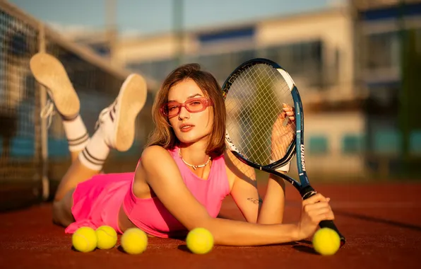 Picture look, girl, pose, hands, glasses, racket, balls, tennis