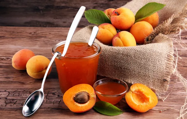 Picture background, spoon, apricot, leaves, apricot jam