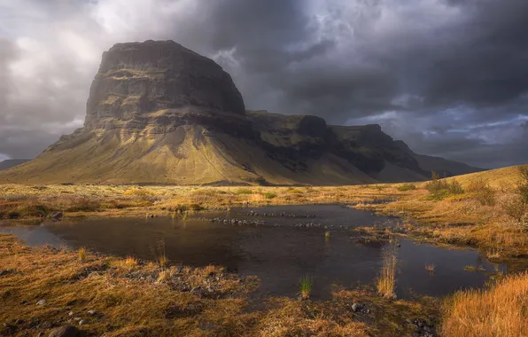 Picture grass, water, clouds, mountain, Iceland, Patrick, the Majesty of nature, picturesque landscape