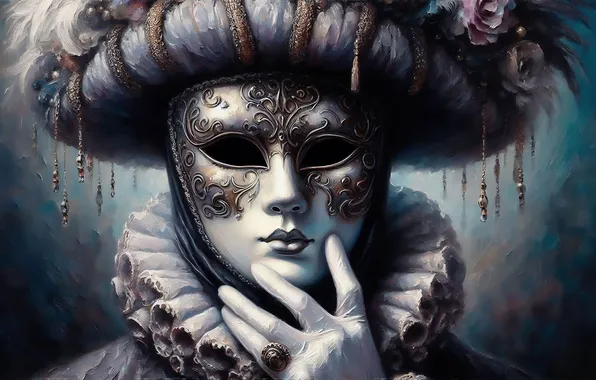 Girl, people, hat, mask, carnival mask, the carnival of Venice, imitation painting, AI art