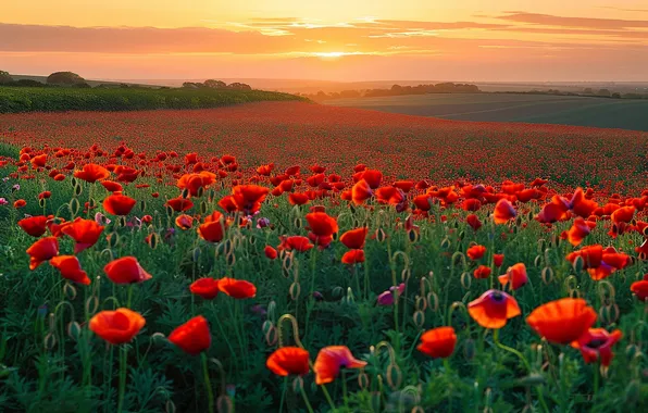 Field, summer, the sky, clouds, light, sunset, flowers, fog