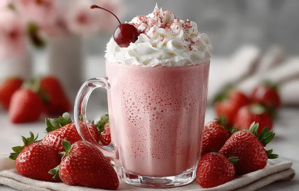 Cherry, berries, pink, strawberry, plate, mug, cocktail, drink