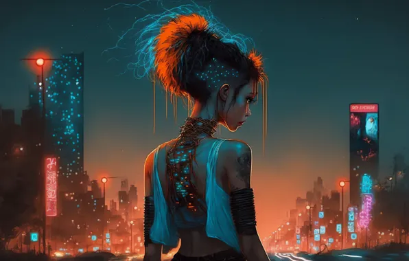 Girl, lights, lights, skyscrapers, girl, night city, cyberpunk, Android