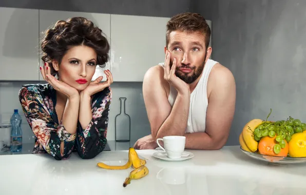 Picture Breakfast, pair, kitchen, fruit, banana, husband, wife