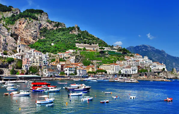 Sea, greens, nature, people, rocks, shore, coast, building