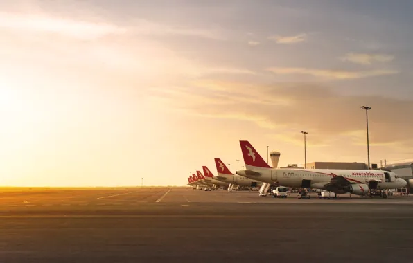 Sunset, The plane, Light, Airport, Boeing, Aviation, A lot, 777