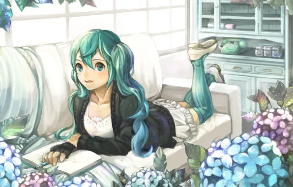 Picture leaves, girl, flowers, room, art, book, phone, vocaloid