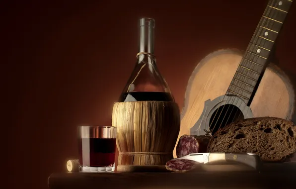 Picture wine, red, black, bottle, guitar, food, bread, knife