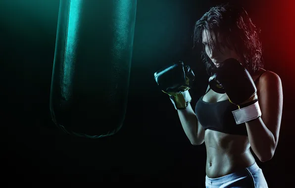 Picture Sports, Woman, Boxer, Gloves, Boxing, Dark background