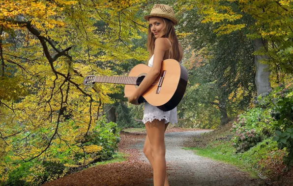 Picture forest, guitar, Girl