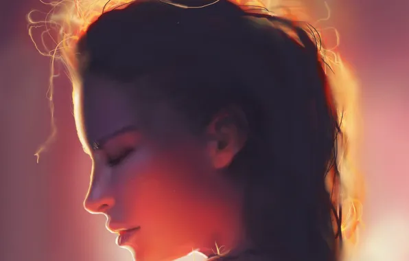 Picture girl, light, face, hair, profile, closed eyes