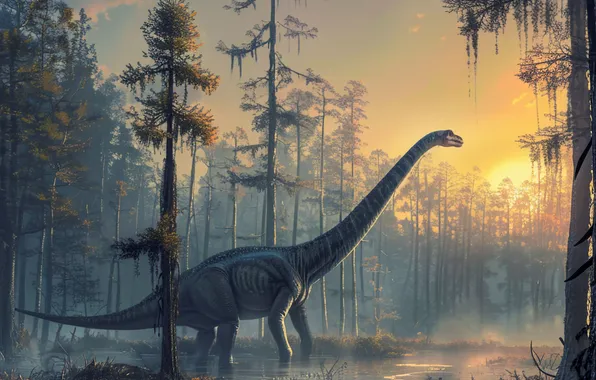 The sun, Water, Trees, Dawn, Dinosaur, Neck, Animal, Digital art