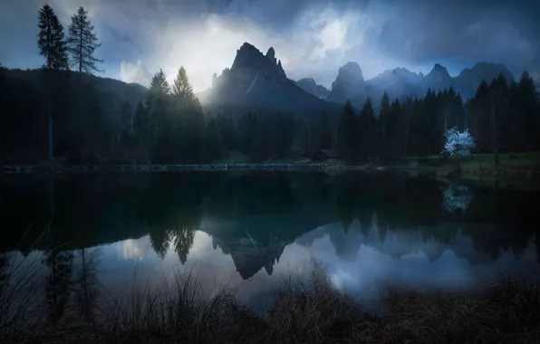 Picture trees, mountains, lake, house, Italian Dolomites
