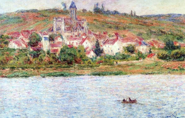 Picture landscape, river, boat, picture, Claude Monet, Vétheuil. Morning Effect