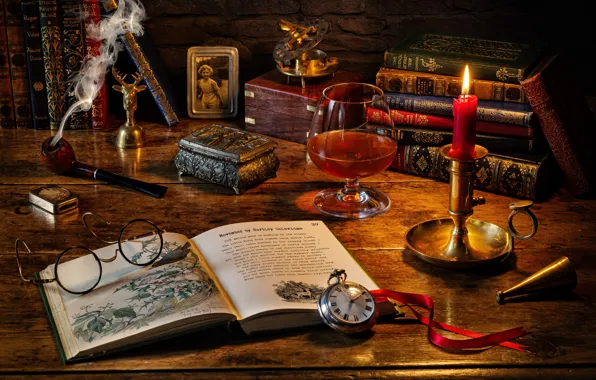 Style, watch, glass, books, candle, glasses, box, still life