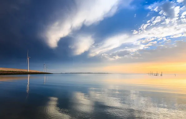 Picture sea, shore, windmills