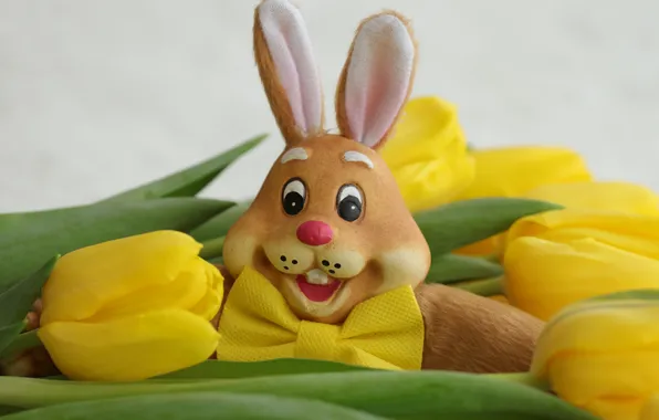 Flowers, toy, bouquet, spring, yellow, rabbit, Easter, tulips