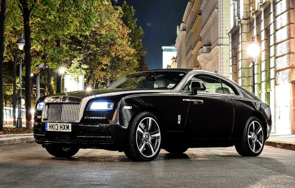 Trees, night, street, Rolls-Royce, the front, Rolls-Royce, Wraith, Reys