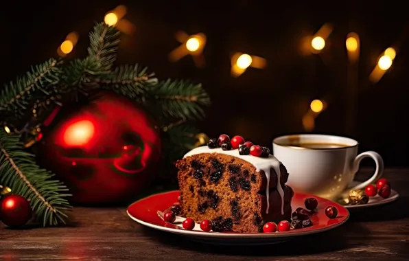 Branches, red, lights, berries, the dark background, table, tea, toy